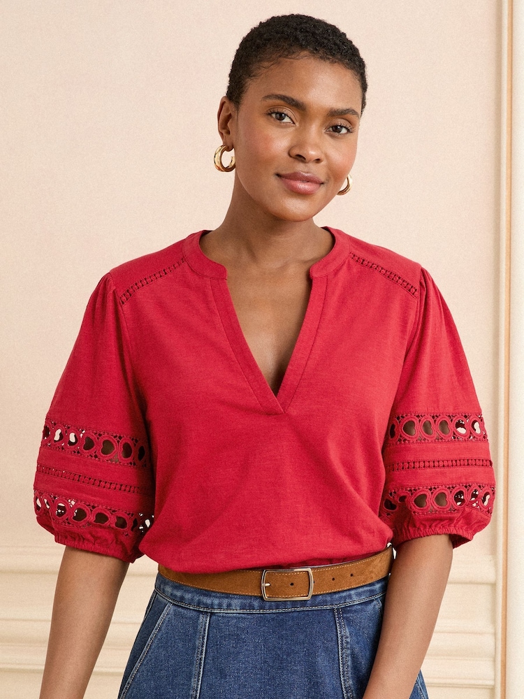 Love & Roses Red Heart Lace Insert V-Neck Jersey T-Shirt - Image 1 of 4