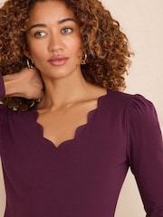 Love & Roses Burgundy Red Scallop V-Neck Long Sleeve Jersey Top - Image 2 of 4