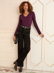 Love & Roses Burgundy Red Scallop V-Neck Long Sleeve Jersey Top - Image 3 of 4