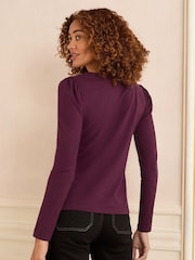 Love & Roses Burgundy Red Scallop V-Neck Long Sleeve Jersey Top - Image 4 of 4