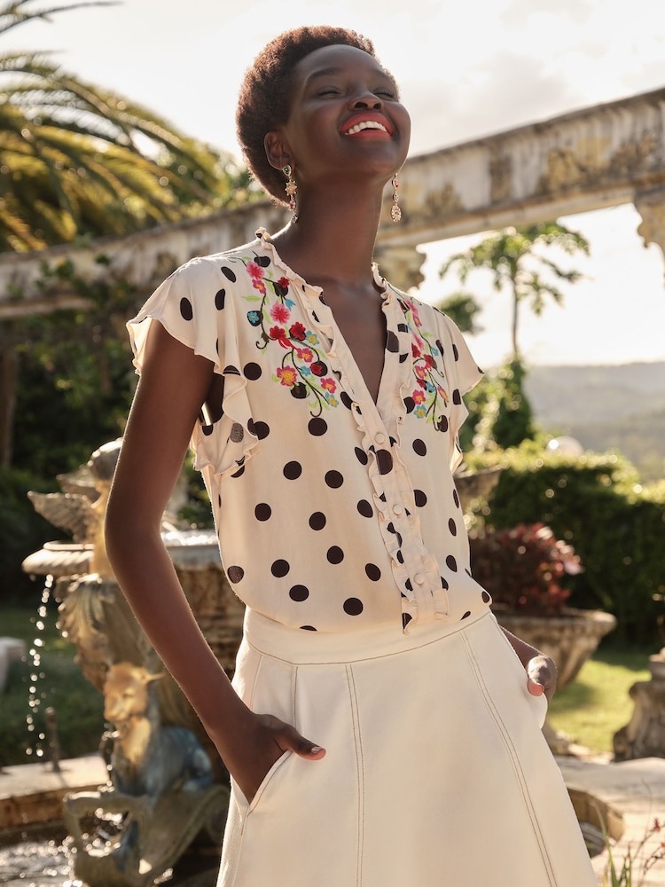 Love & Roses Monochrome Spot Petite Print Flutter Sleeve Printed V-Neck Blouse - Image 1 of 4