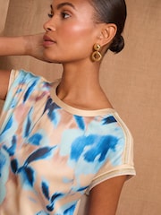 Love & Roses Blue Floral Ombre Petite Print Satin Front Jersey Back Crew Neck Top - Image 2 of 4