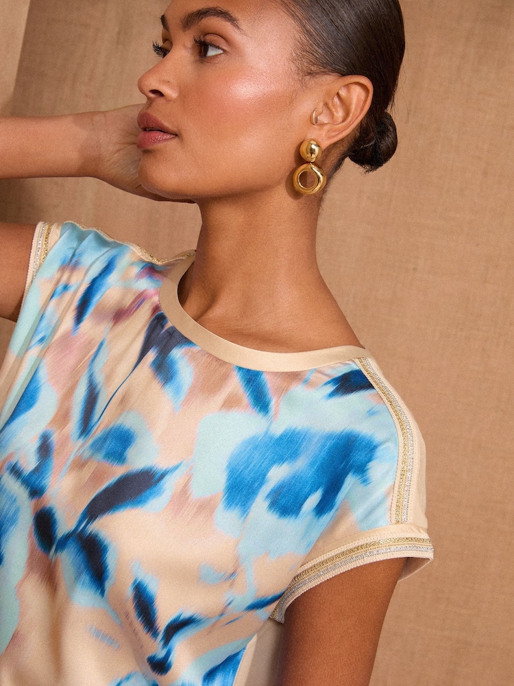 Love & Roses Blue Floral Ombre Petite Print Satin Front Jersey Back Crew Neck Top - Image 2 of 4