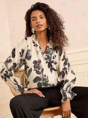 Love & Roses White Ecru Floral Petite Printed Shirred Notch Neck Long Sleeve Blouse - Image 1 of 4