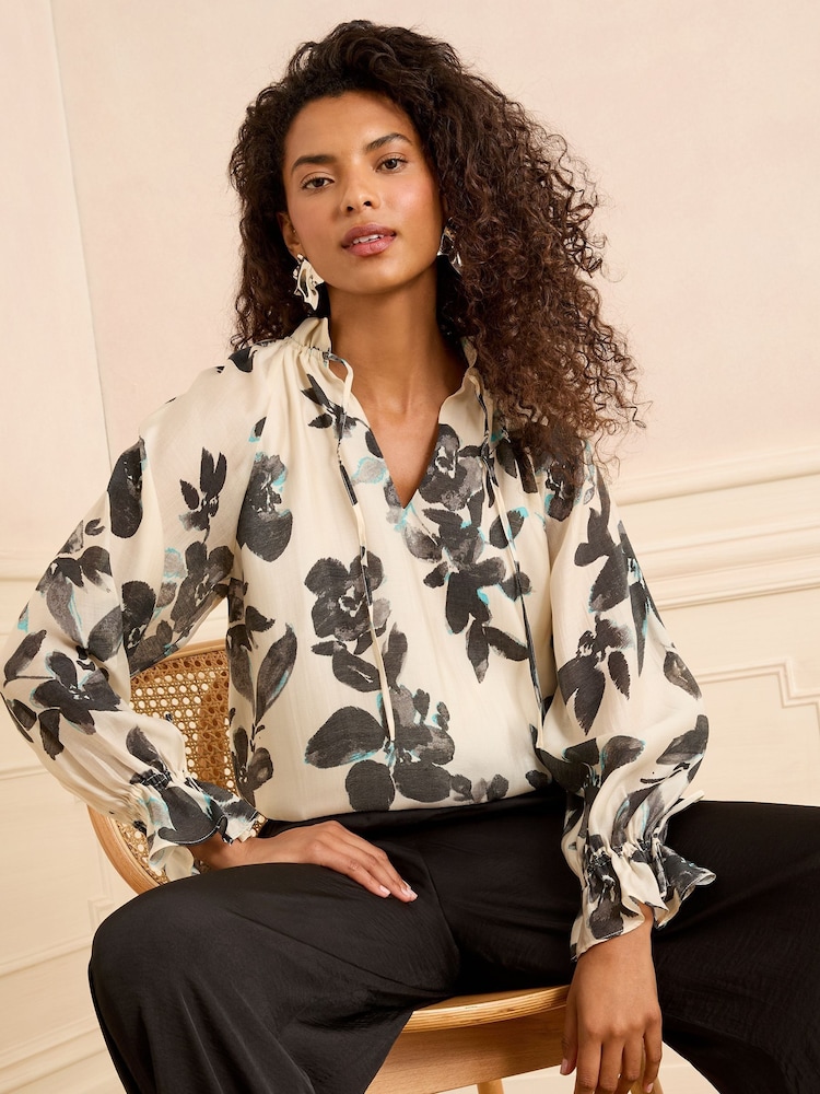 Love & Roses White Ecru Floral Petite Printed Shirred Notch Neck Long Sleeve Blouse - Image 1 of 4