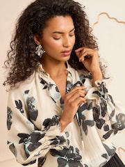 Love & Roses White Ecru Floral Petite Printed Shirred Notch Neck Long Sleeve Blouse - Image 2 of 4