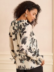 Love & Roses White Ecru Floral Petite Printed Shirred Notch Neck Long Sleeve Blouse - Image 4 of 4