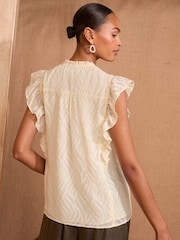 Love & Roses White Ecru Burnout Petite Print Flutter Sleeve V-Neck Blouse - Image 3 of 4