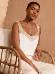 Love & Roses White/Ecru Gold Sequin Petite V-Neck Vest - Image 1 of 4
