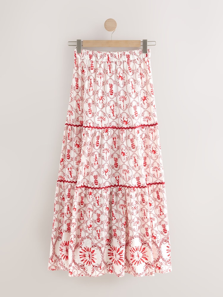 Ecru/Red Lobster Print 100% Cotton Tiered Maxi Skirt - Image 1 of 3