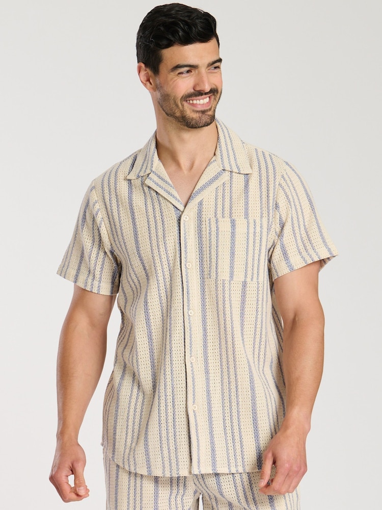 South Beach Blue Crochet Stripe Short Sleeve 100% Cotton Shirt - Image 2 of 5