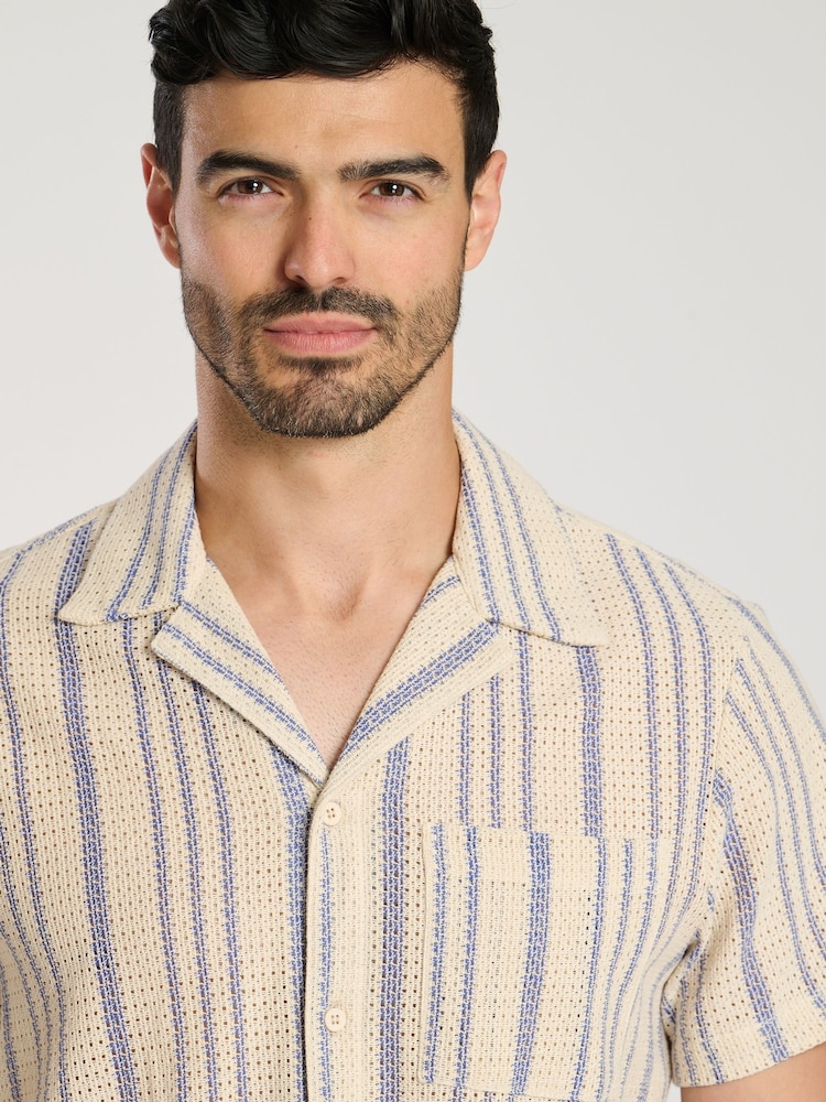 South Beach Blue Crochet Stripe Short Sleeve 100% Cotton Shirt - Image 5 of 5