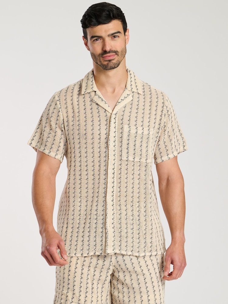 South Beach Crochet Stripe Short Sleeve 100% Cotton Shirt - Imagen 1 de 4