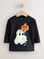 Black Glow in the Dark Ghost Halloween Long Sleeve Graphic Print T-Shirt (3mths-7yrs) - Image 1 of 5