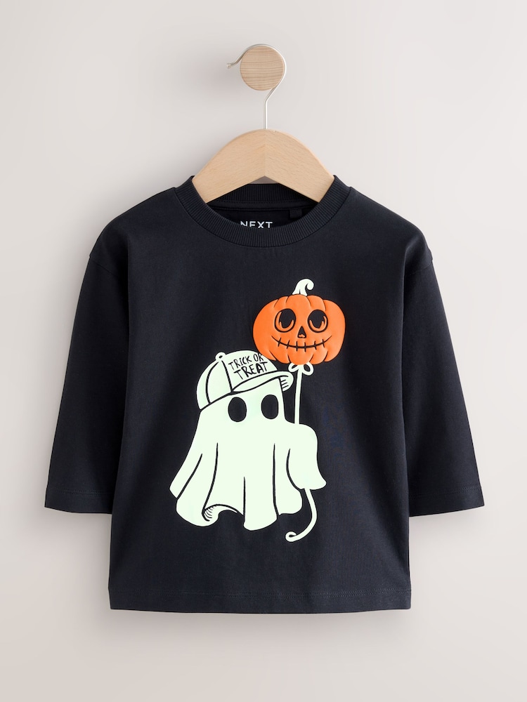Black Glow in the Dark Ghost Halloween Long Sleeve Graphic Print T-Shirt (3mths-7yrs) - Image 1 of 5