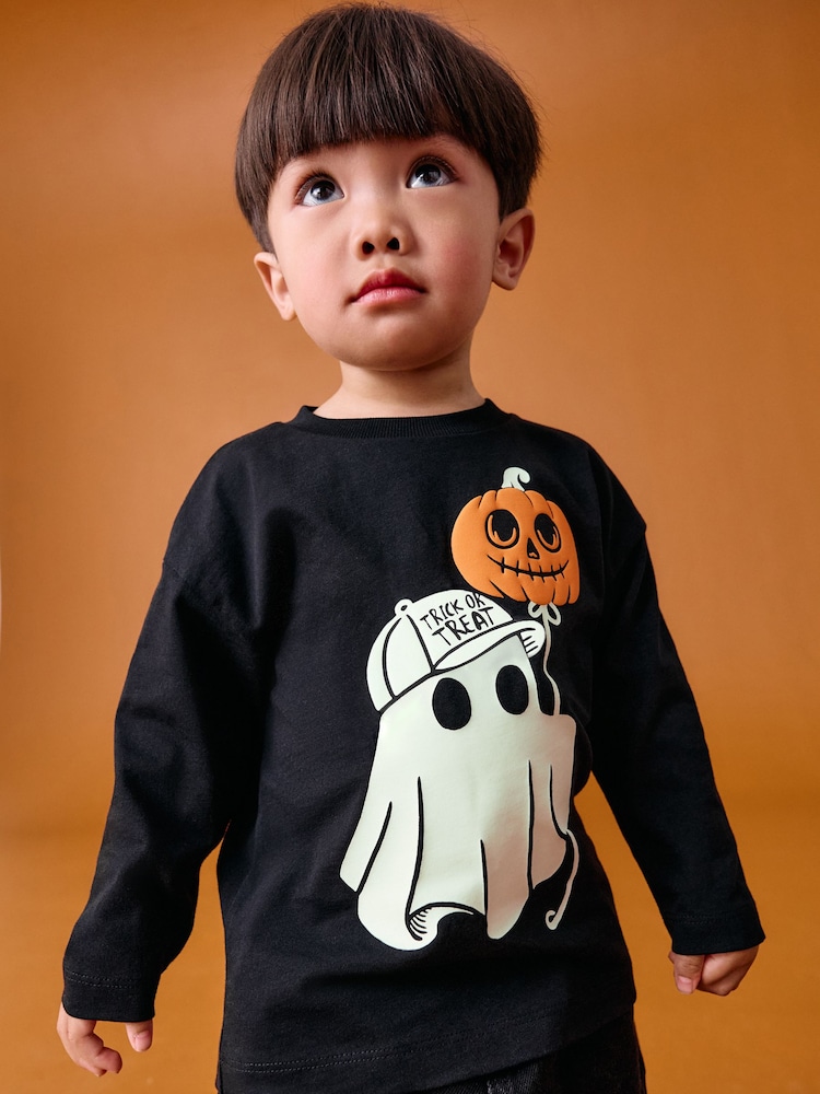 Black Glow in the Dark Ghost Halloween Long Sleeve Graphic Print T-Shirt (3mths-7yrs) - Image 1 of 8 Black Glow in the Dark Ghost Halloween Long Sleeve Graphic Print T-Shirt (3mths-7yrs) - Image 1 of 8
