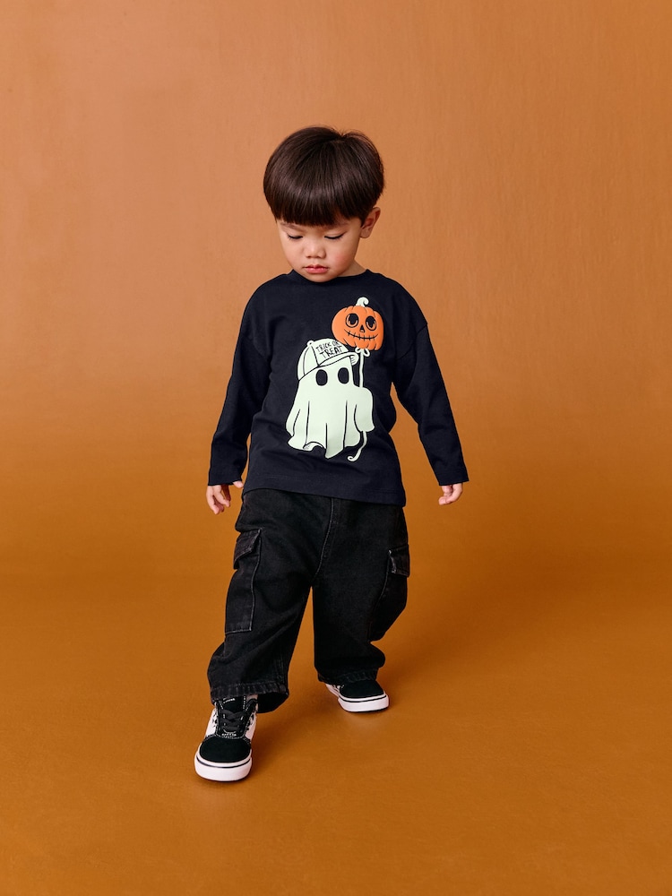 Black Glow in the Dark Ghost Halloween Long Sleeve Graphic Print T-Shirt (3mths-7yrs) - Image 2 of 8 Black Glow in the Dark Ghost Halloween Long Sleeve Graphic Print T-Shirt (3mths-7yrs) - Image 2 of 8