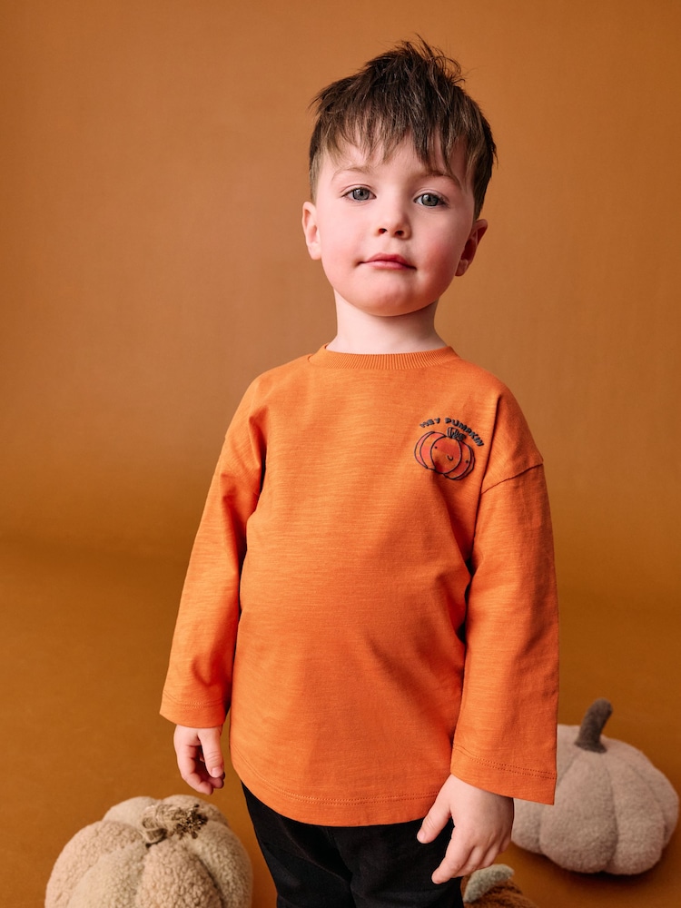 Orange Pumpkin Halloween Long Sleeve Graphic Print T-Shirt (3mths-7yrs) - Image 1 of 6