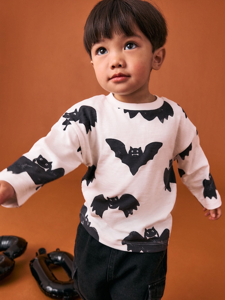 White/Black Bats - Halloween Long Sleeve Graphic Print T-Shirt (3mths-7yrs) - Imagen 1 de 7