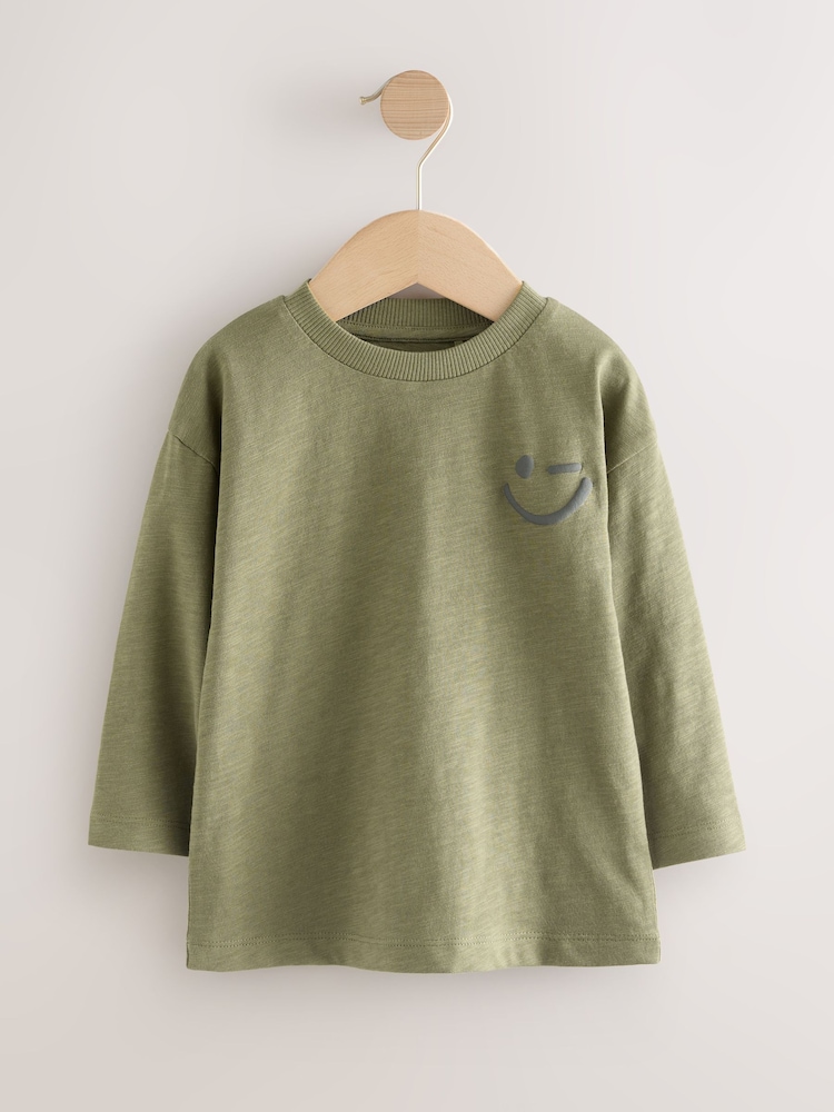 Khaki Green Smile Long Sleeves Semi Plain T-Shirt (3mths-7yrs) - Image 1 of 4 Khaki Green Smile Long Sleeves Semi Plain T-Shirt (3mths-7yrs) - Image 1 of 4