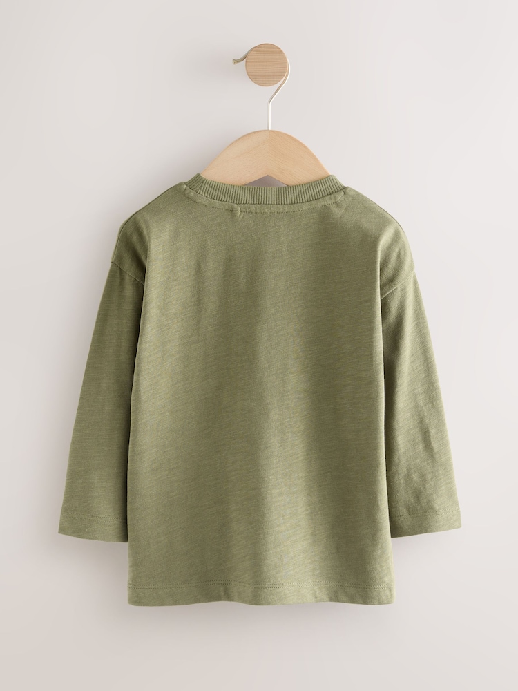 Khaki Green Smile Long Sleeves Semi Plain T-Shirt (3mths-7yrs) - Image 2 of 4 Khaki Green Smile Long Sleeves Semi Plain T-Shirt (3mths-7yrs) - Image 2 of 4