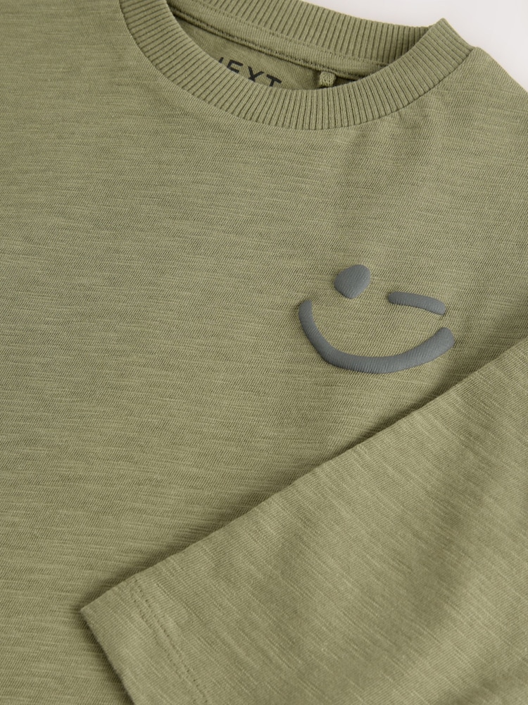 طبعة Smile لون أخضر كاكي - تيشرت شبه سادة بكُم طويل (3 شهور-7 سنوات) - صورة 4 من 4