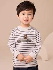 White/Blue Stripe Bear Car Long Sleeve Appliqué T-Shirt (3mths-7yrs) - Image 1 of 6