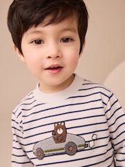 White/Blue Stripe Bear Car Long Sleeve Appliqué T-Shirt (3mths-7yrs) - Image 2 of 6