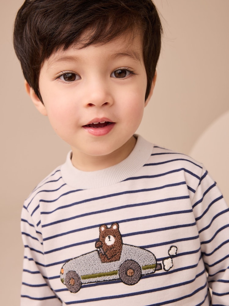 White/Blue Stripe Bear Car Long Sleeve Appliqué T-Shirt (3mths-7yrs) - Image 2 of 6
