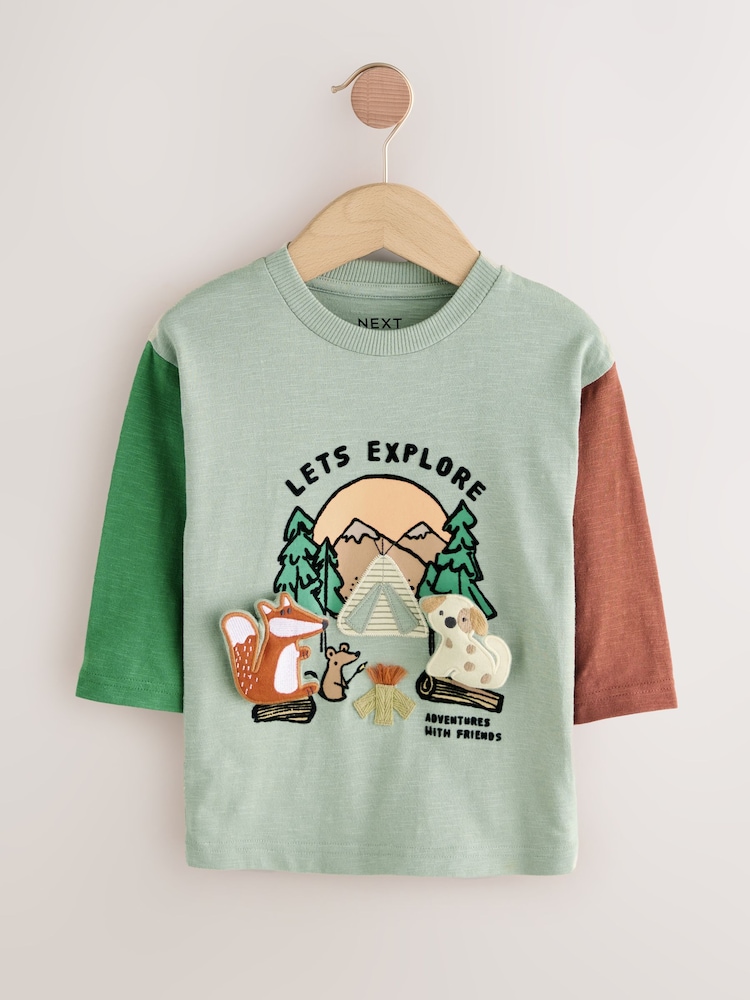Green Camping Animals Long Sleeve Appliqué T-Shirt (3mths-7yrs) - Image 1 of 6