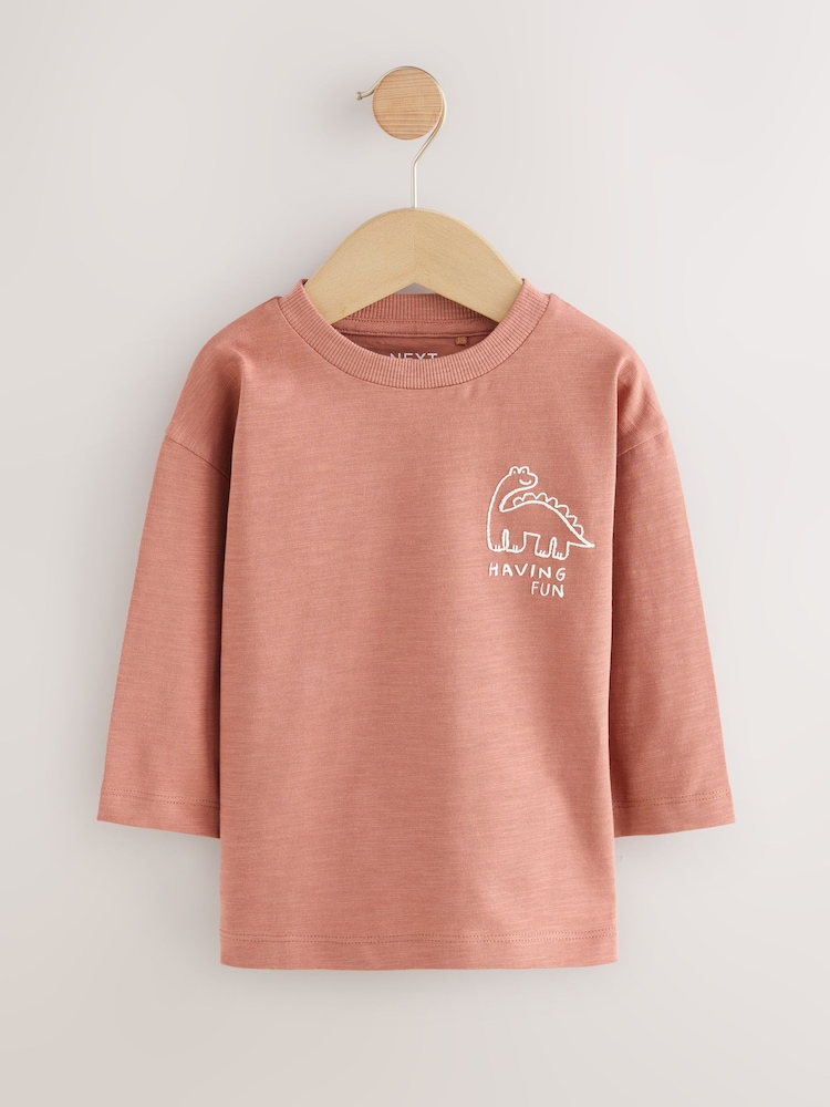 Rust Brown Dinosaur Long Sleeve Back Print T-Shirt (3mths-7yrs) - Image 1 of 4