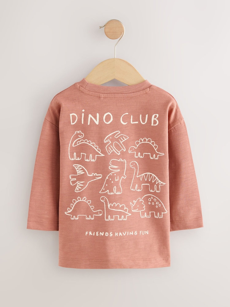 Rust Brown Dinosaur Long Sleeve Back Print T-Shirt (3mths-7yrs) - Image 2 of 4