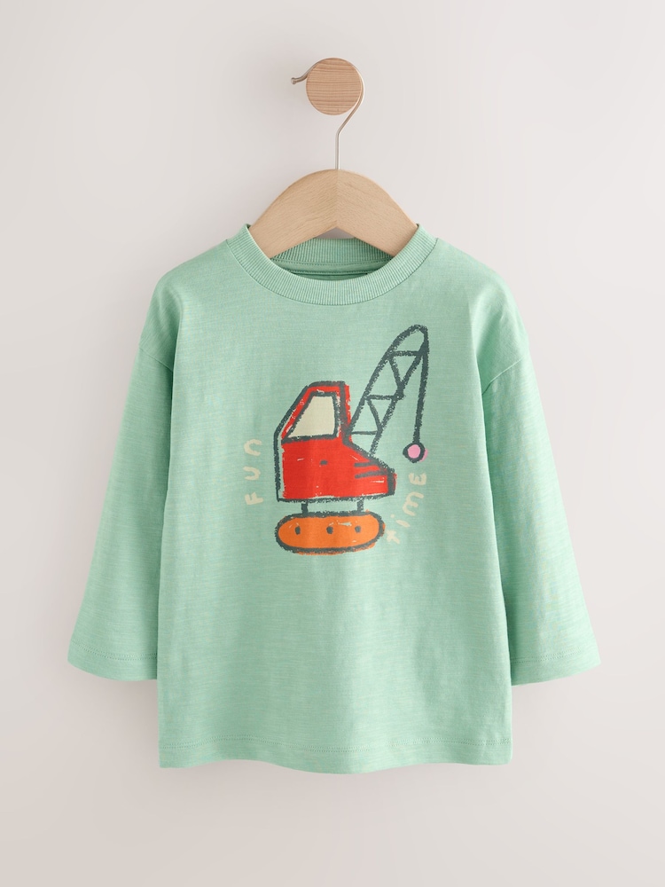 Blue Transport Digger Long Sleeve Graphic Print T-Shirt (3mths-7yrs) - Image 1 of 4