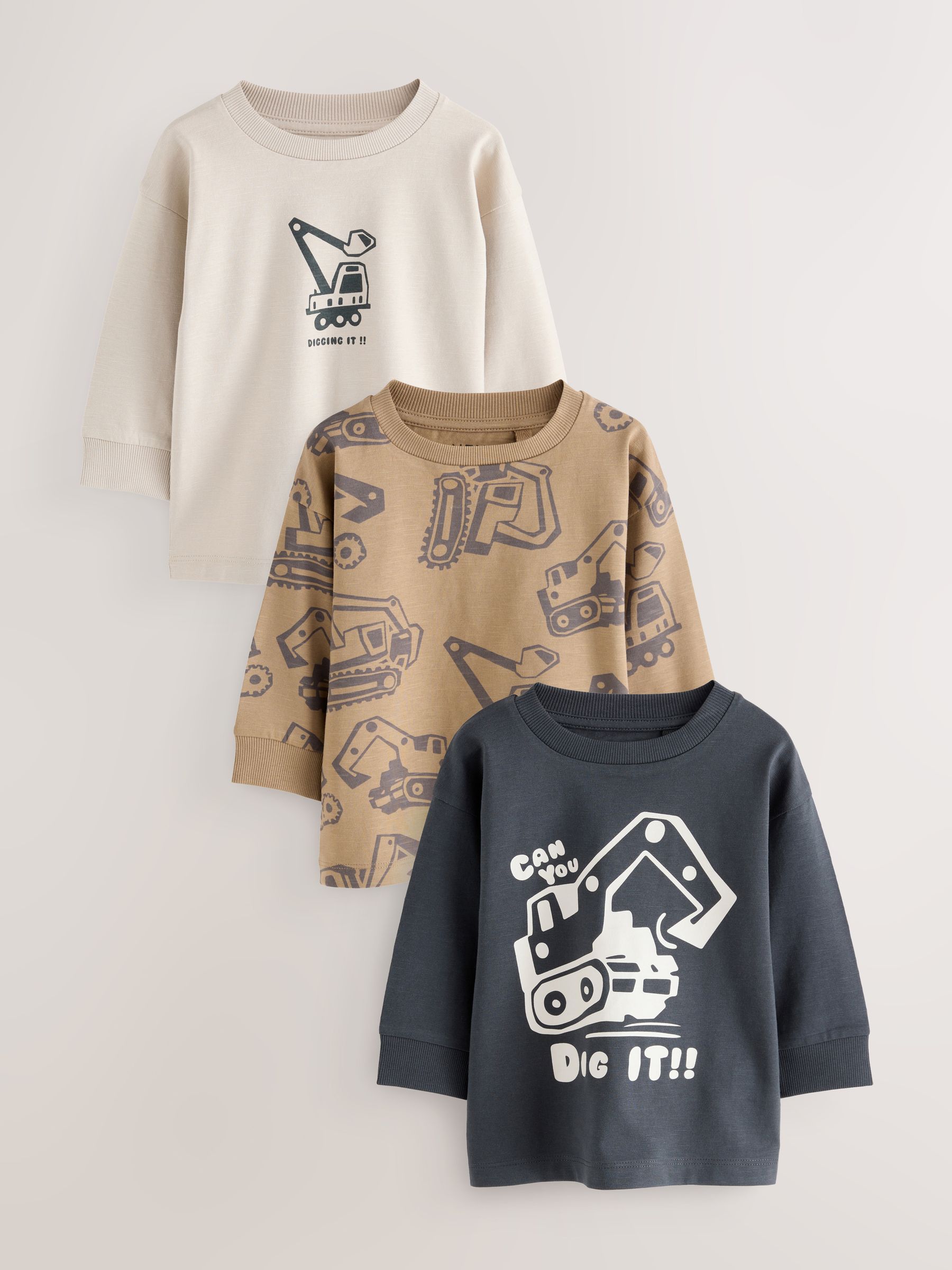 Black/Brown Digger Long Sleeve Graphic Print T-Shirts 3 Pack (3mths-7yrs)