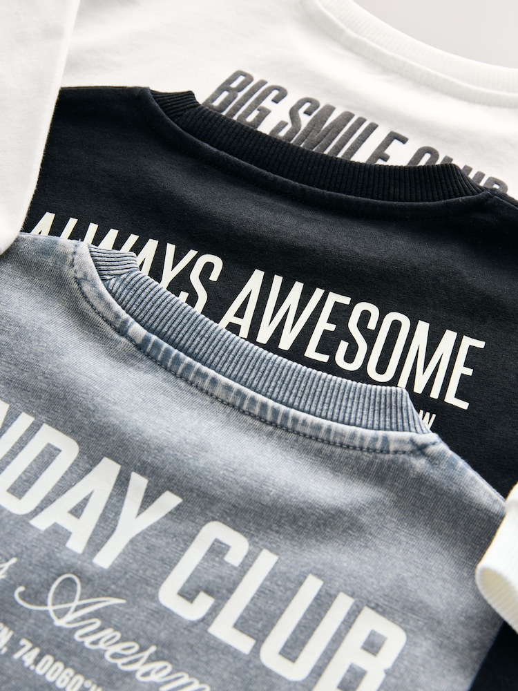 Black/Grey/White Slogan Long Sleeve Graphic Print T-Shirts 3 Pack (3mths-7yrs) - Image 7 of 7