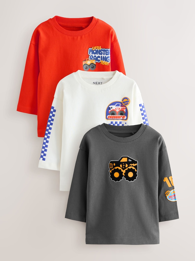Red Monster Trucks Long Sleeve Graphic Print T-Shirts 3 Pack (3mths-7yrs) - Image 1 of 10