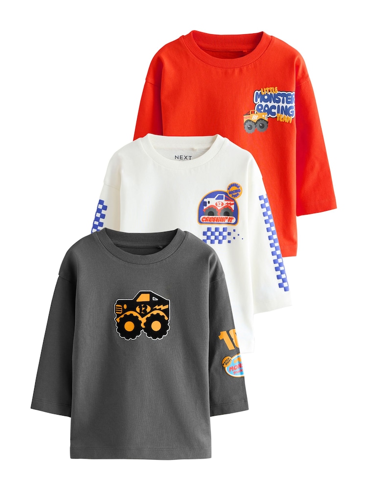 Red Monster Trucks Long Sleeve Graphic Print T-Shirts 3 Pack (3mths-7yrs) - Image 10 of 10