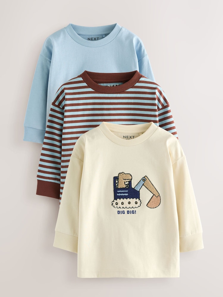 Blue/Ecru Animal Transport Long Sleeve Appliqué T-Shirts 3 Pack (3mths-7yrs) - Image 1 of 3
