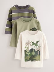 Green Dinosaur Long Sleeve Graphic Print T-Shirts 3 Pack (3mths-7yrs) - Image 1 of 7