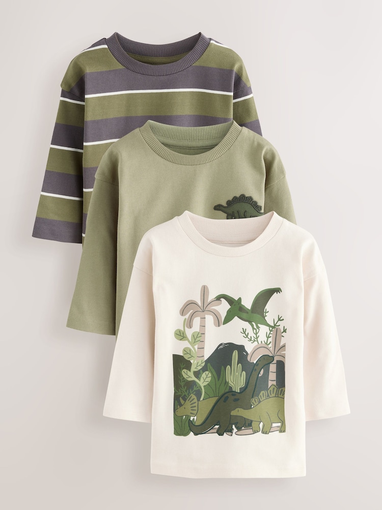 Green Dinosaur Long Sleeve Graphic Print T-Shirts 3 Pack (3mths-7yrs) - Image 1 of 7