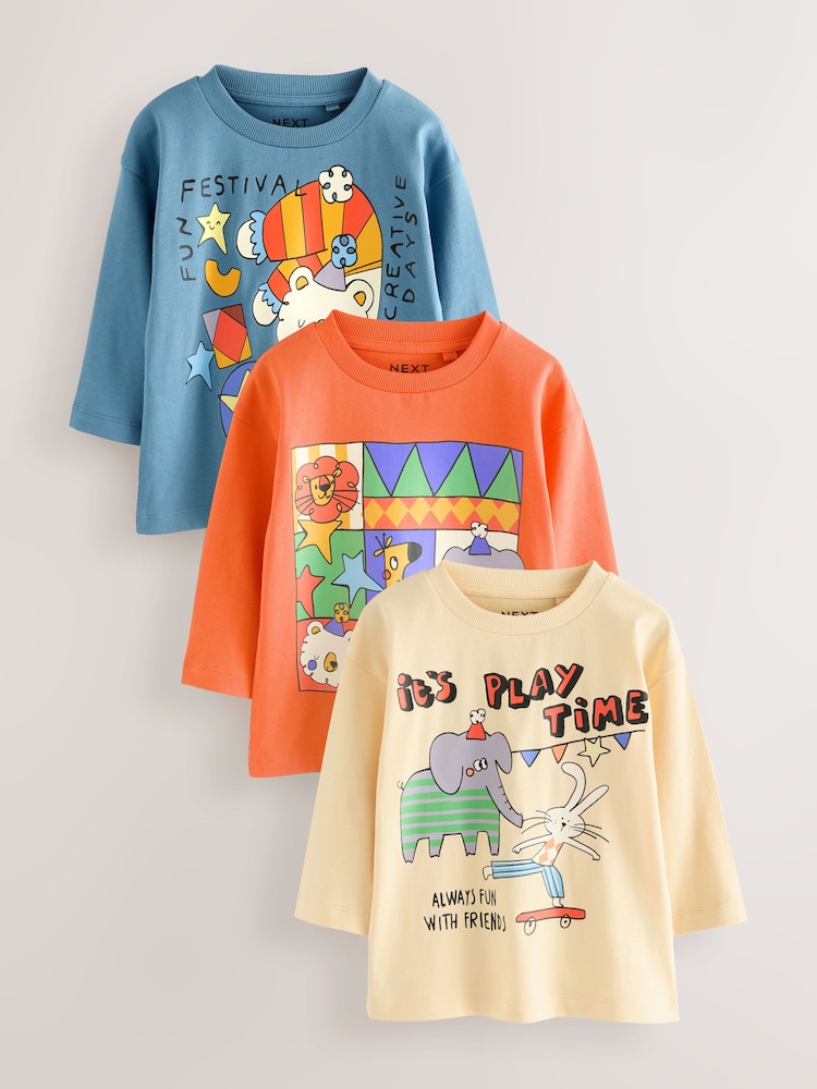 Blue/Orange/Yellow Animals Long Sleeve Graphic Print T-Shirts 3 Pack (3mths-7yrs) - Image 1 of 3