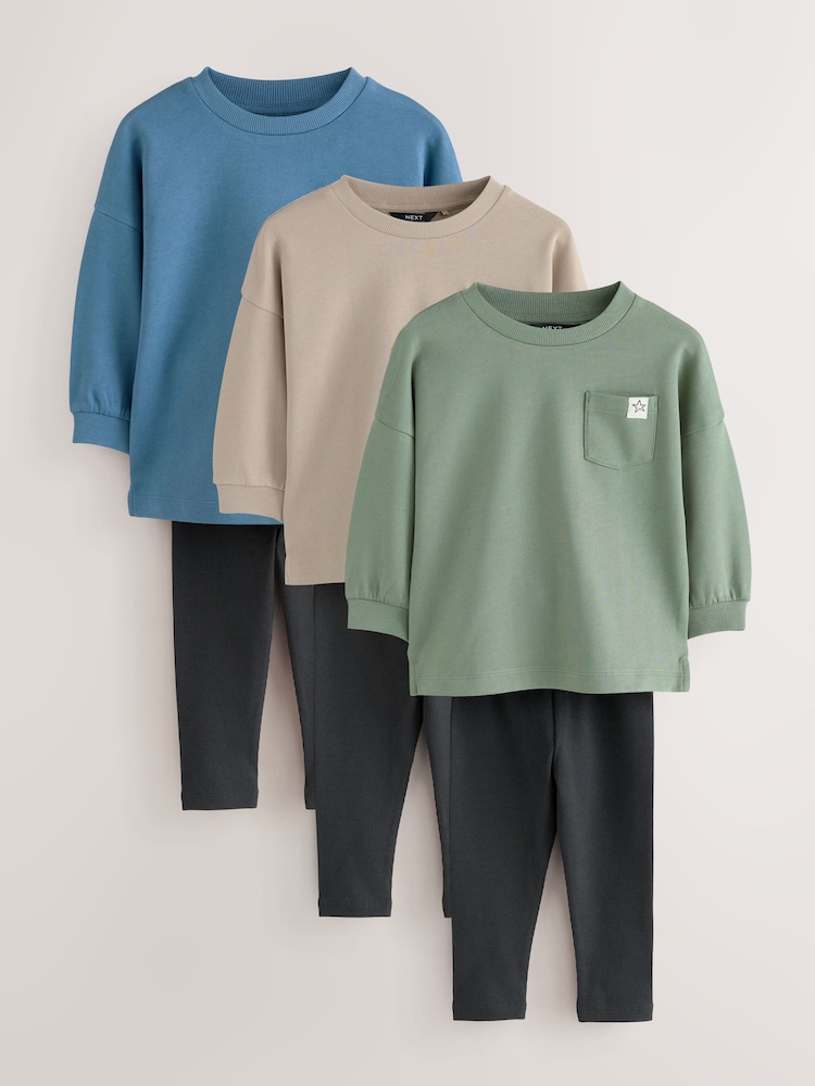 Blue/Stone/Green Long Sleeve Top and Leggings Set 3 Pack (3mths-7yrs) - Image 1 of 8