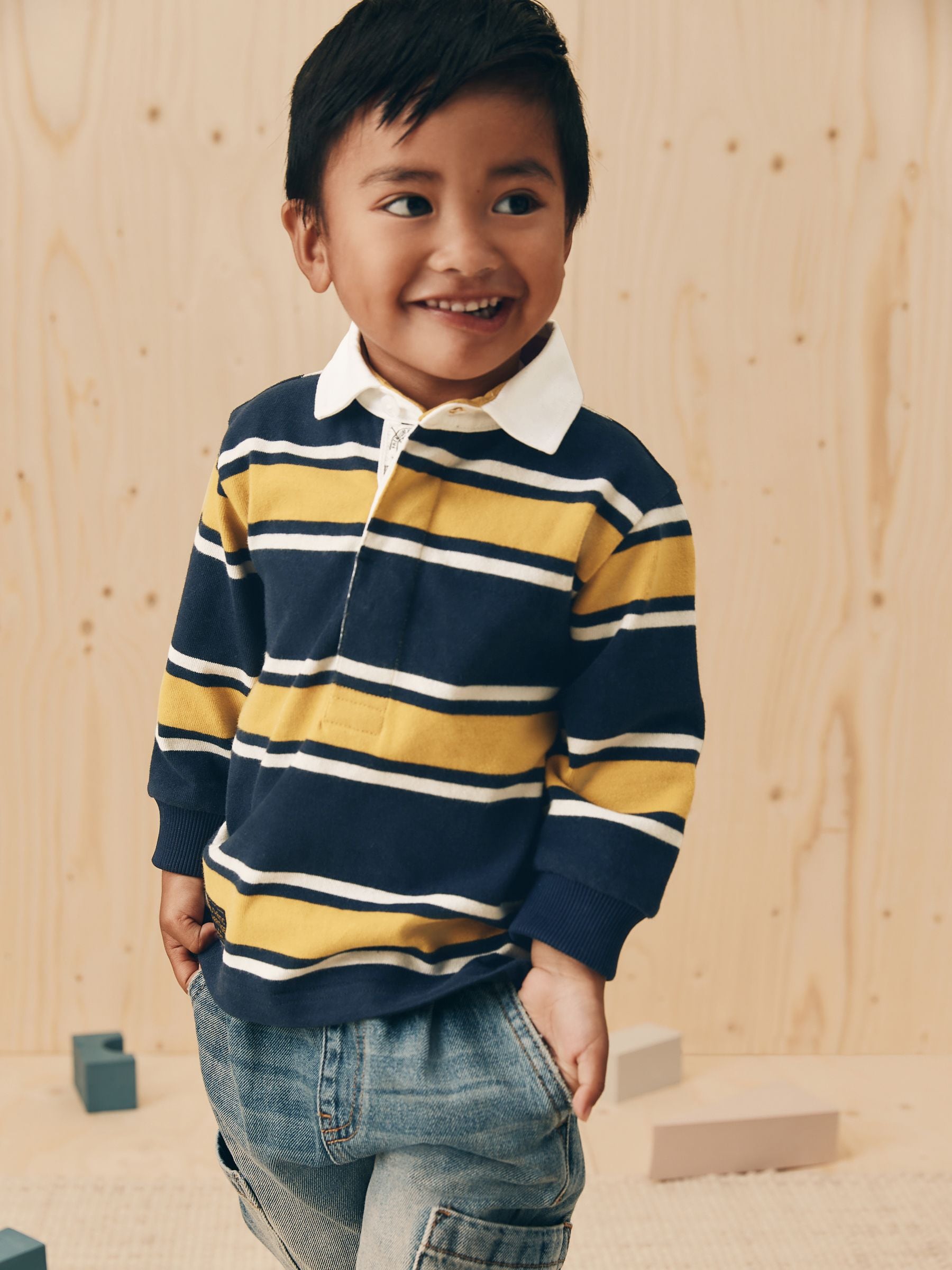 Navy/Yellow Striped Long Sleeve Rugby Polo Shirt (3mths-7yrs)