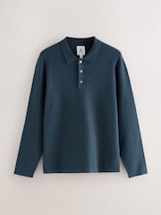 Navy Blue Button Neck Regular Fit Premium Long Sleeve Knit Polo Shirt - Image 5 of 7