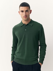 Dark Green Regular Fit Cotton Rich Long Sleeve Knitted Polo Shirt - Image 1 of 7