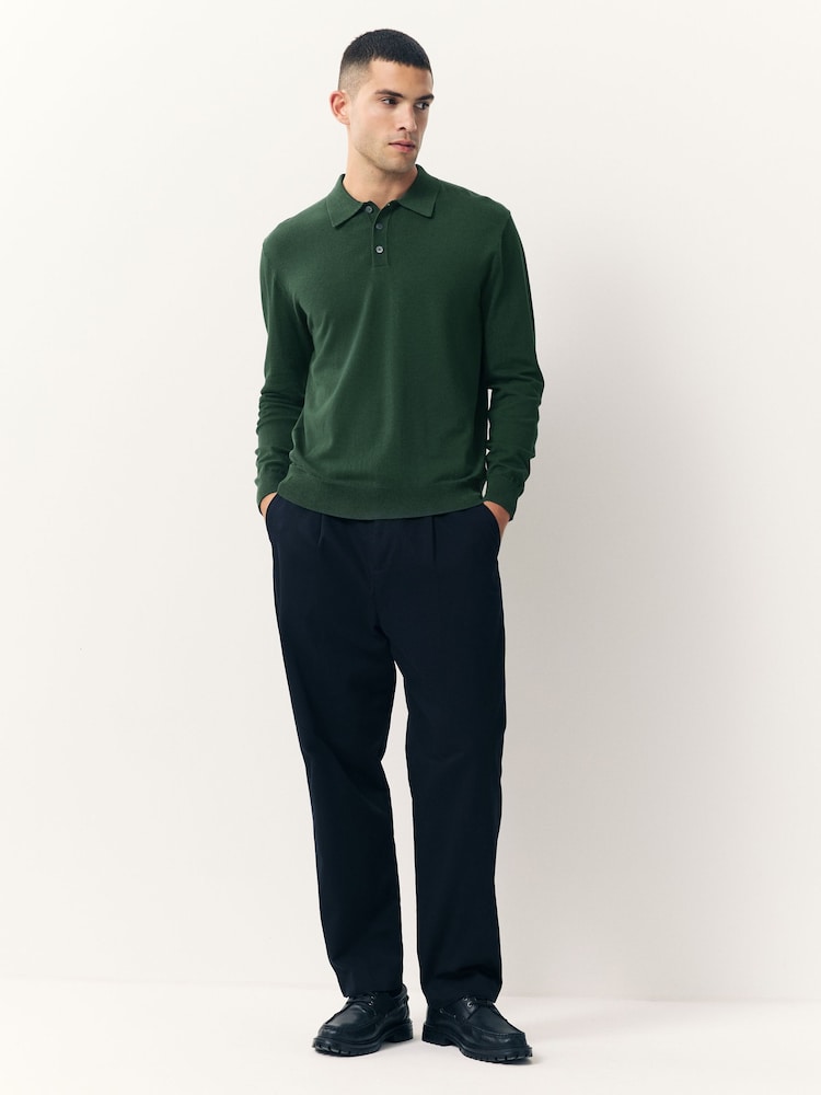 Dark Green Regular Fit Cotton Rich Long Sleeve Knitted Polo Shirt - Image 2 of 7