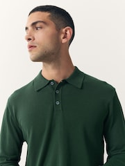 Dark Green Regular Fit Cotton Rich Long Sleeve Knitted Polo Shirt - Image 4 of 7