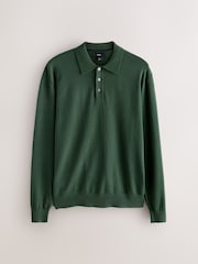 Dark Green Regular Fit Cotton Rich Long Sleeve Knitted Polo Shirt - Image 5 of 7