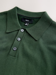 Dark Green Regular Fit Cotton Rich Long Sleeve Knitted Polo Shirt - Image 6 of 7