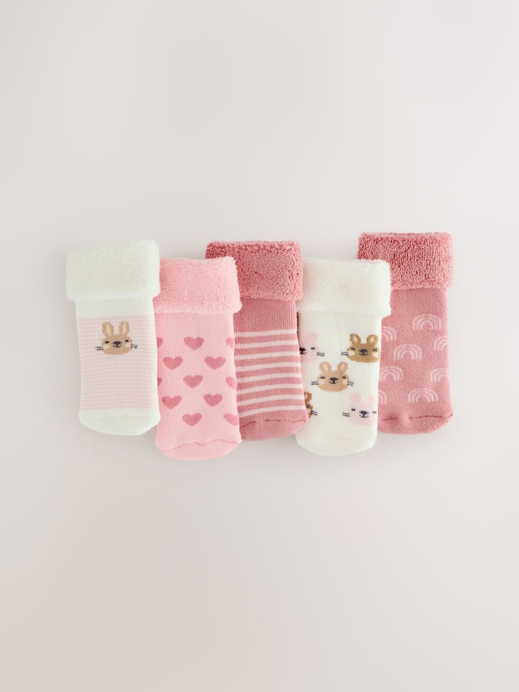 Pink Baby Roll Top Towelling Socks 5 Pack (0mths-2yrs) - Image 1 of 3